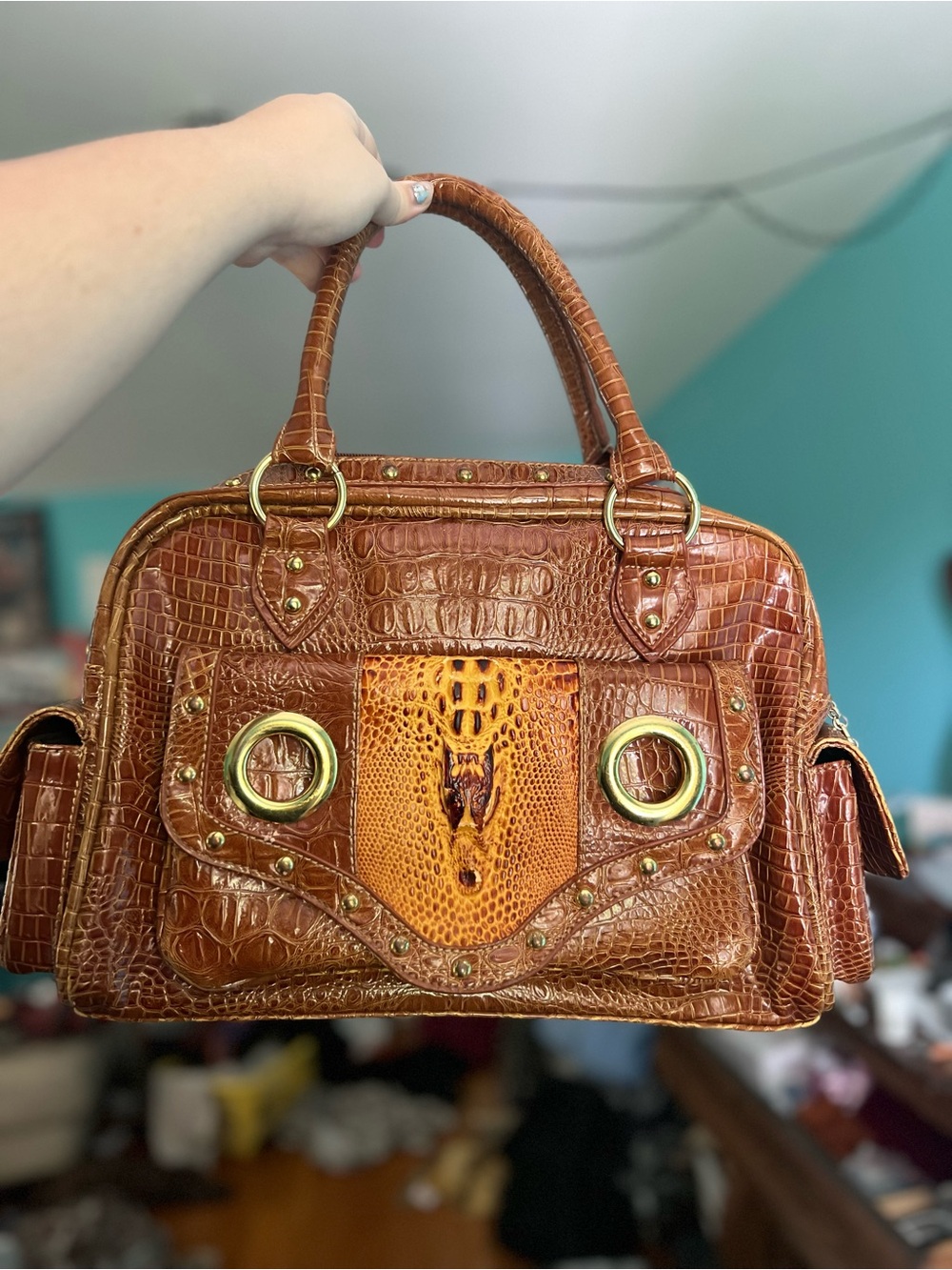 Leather Croc-Embossed Satchel Handbag in Cognac Brown